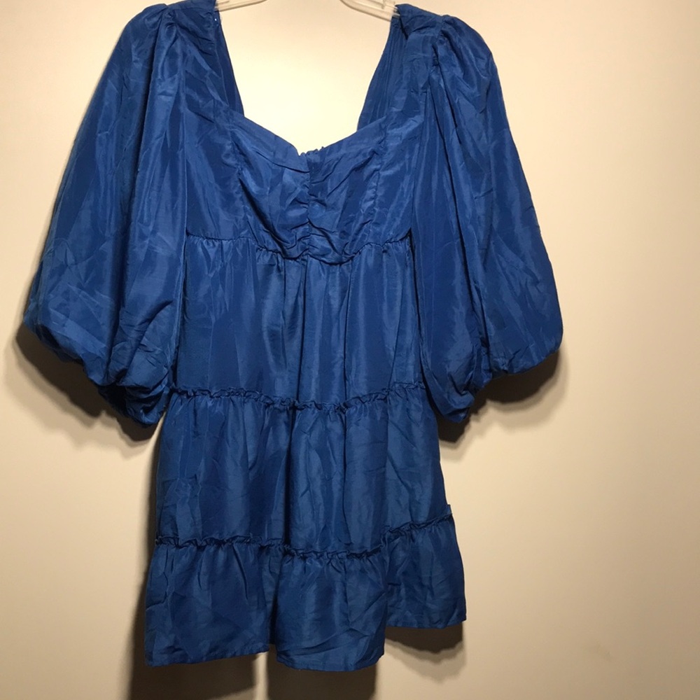 Bold Royal Blue Puff Sleeve Tiered Mini Dress